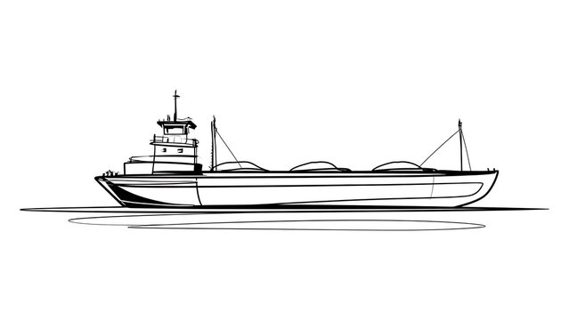 Cargo ship line drawing on white background.