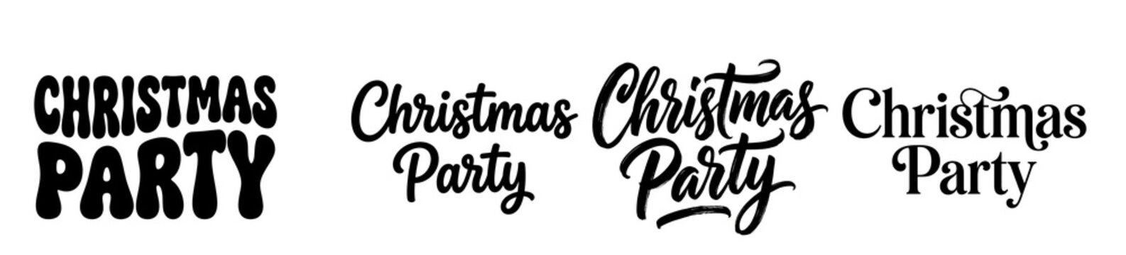 Christmas party lettering collection featuring various artistic typography styles displayed in black ink designs isolated against a clean on transparent background