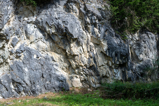 Paroi rocheuse escarp&eacute;e en calcaire stri&eacute; avec v&eacute;g&eacute;tation alpine &agrave; la base, g&eacute;ologie et texture de roche naturelle.