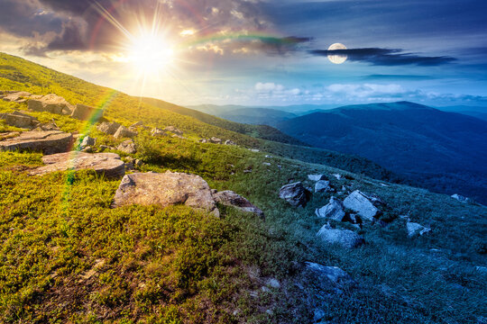 mountain landscape with grass and rock on a slope. day meet night. view in to the distant valley of carpathian mountains. sun and moon in harmony over mountainous scenery of ukraine on summer solstice