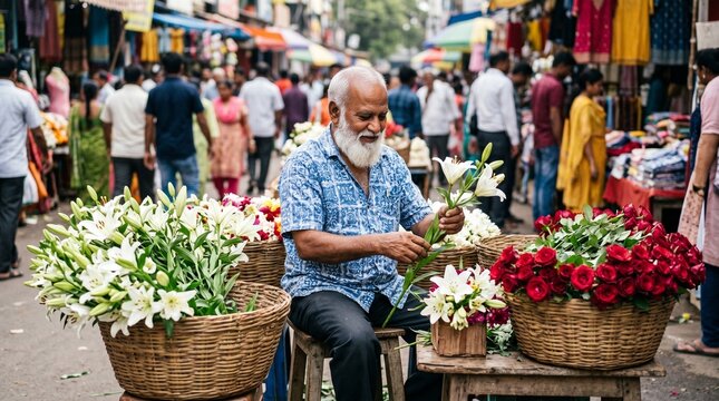 Senior florist arranging white lily bouquet in flower market. Indian man selling fresh cut floral arrangement in street shop.