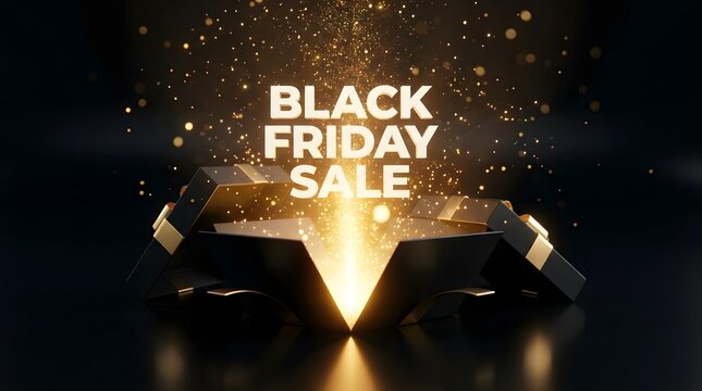 Glowing open gift box with black friday sale text and golden lights on dark background