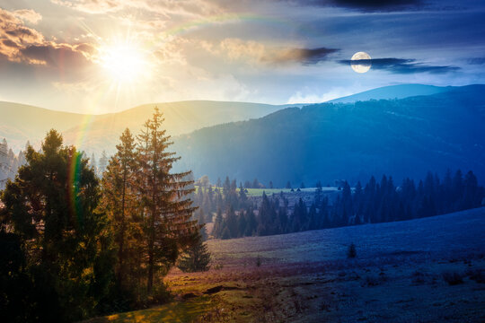 countryside mountain landscape on autumn equinox. weathered grassy field on a hill near forest. rural background. alpine highland of ukraine at twilight