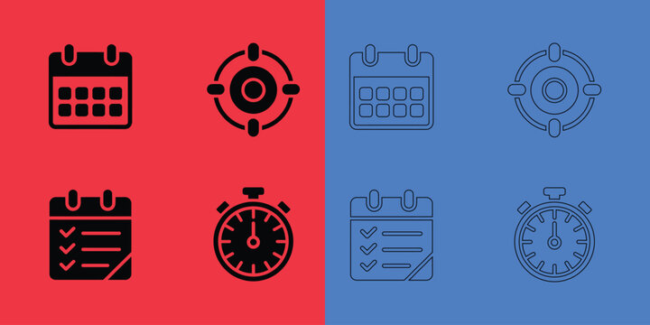 Set of calendar, target, checklist, and stopwatch in solid black and outline styles on red and blue backgrounds