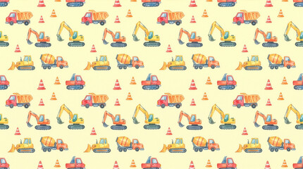 Fototapeta premium Watercolor pattern of small construction trucks and cones on pale yellow background, boy nursery illustration