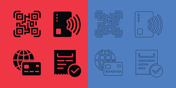 Set of e-commerce and payment featuring qr codes, contactless credit cards, global transactions, and receipts