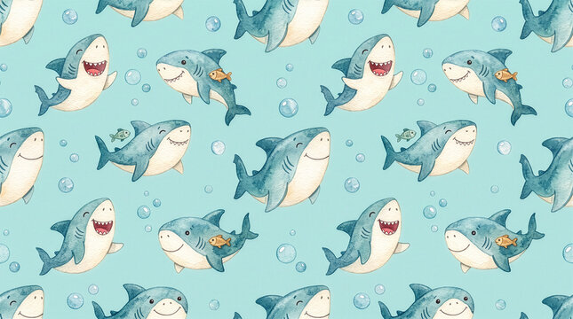 Watercolor pattern of cute sharks and bubbles on aqua background, playful marine nursery illustration