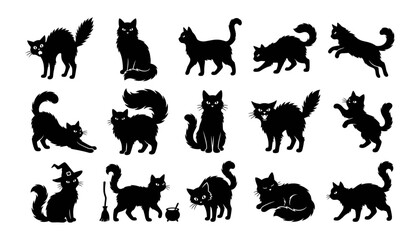 Obraz premium A collection of fifteen black cat silhouettes in various poses including sitting walking jumping and arching backs for spooky halloween designs