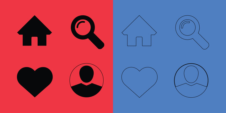 Set of essential web and social media in solid black and thin outline styles on red and blue background