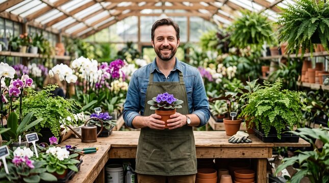 Florist holding a potted violet flower in a greenhouse. Happy man wearing an apron working at a plant nursery.