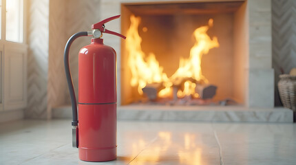 Obraz premium A vivid red fire extinguisher stands sharply in the foreground, ready to respond, while a large blaze burns ominously near a modern wood-burning stove in a home living room