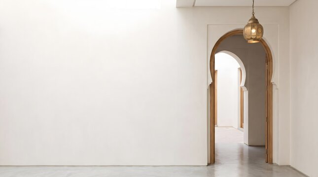 Minimalist Moroccan Interior Entryway with Traditional Keyhole Arch and Brass Pendant