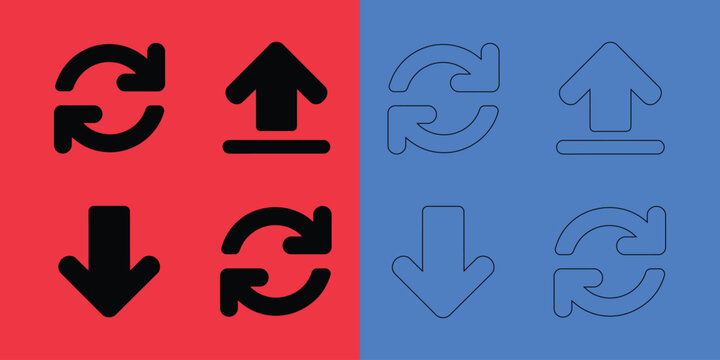 Set of refresh, upload, and download in solid black and outline styles on red and blue backgrounds
