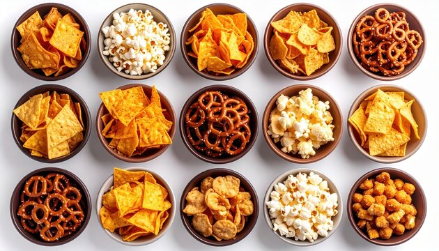 Assorted salty snacks in ceramic bowls including chips, popcorn, pretzels, peanuts and nachos, top view, isolated on white