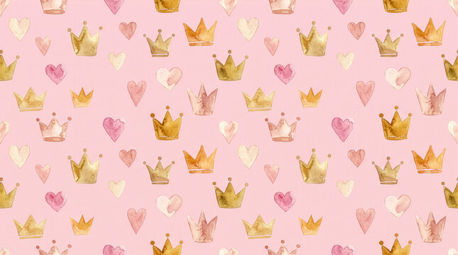 Watercolor pattern of small crowns and hearts on pastel pink background, royal princess illustration