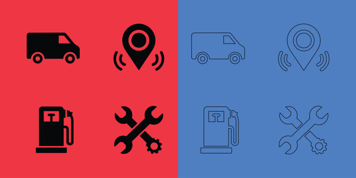 Set of transportation and maintenance in solid black and outline styles on split red and blue backgrounds