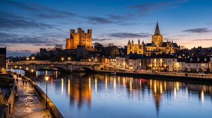 Fototapeta premium A picturesque view of a historic European city at dusk, with a river reflecting illuminated buildings, a castle, and a cathedral under a twilight sky.