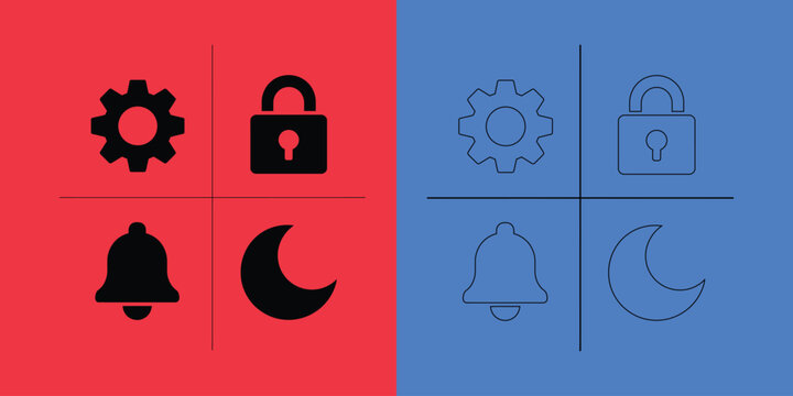 Set of ui including gear, lock, bell, and moon symbols on red and blue backgrounds in solid and outline styles