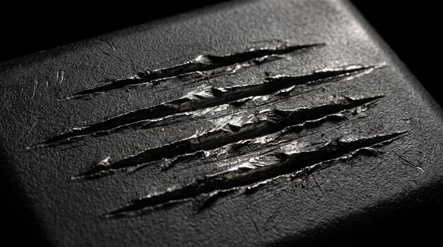 Five deep, parallel claw marks or scratches on a dark, textured surface, revealing a lighter material underneath with dramatic lighting.