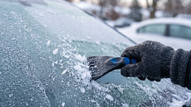 A gloved hand using an ice scraper to clear a frosted car windshield on a cold winter morning.