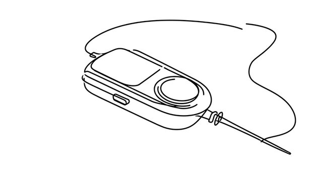 Wireless earbuds with cord on white background.