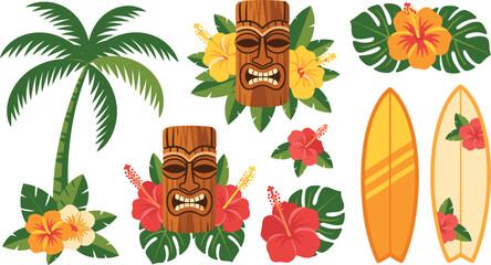 Tropical hawaiian tiki mask elements set with palm tree surfboards monstera leaves and hibiscus flowers vector illustration © MDNAIMUR