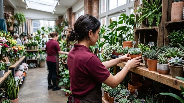 Woman florist arranging succulent plants in flower shop. Botanical boutique retail business