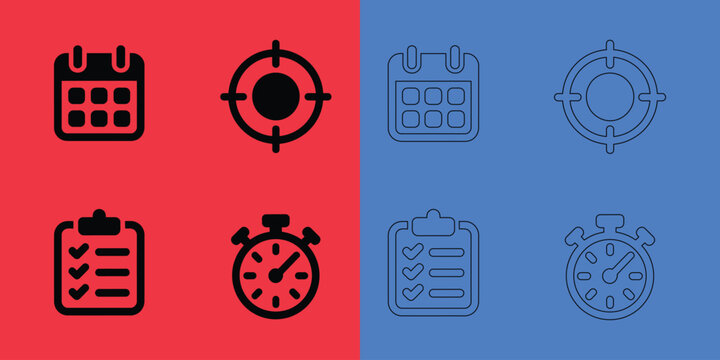Time management and planning set featuring calendar, target, checklist, and stopwatch in two styles