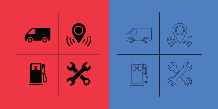 Transportation and automotive service set featuring vans, location pins, fuel pumps, and wrench gear symbols