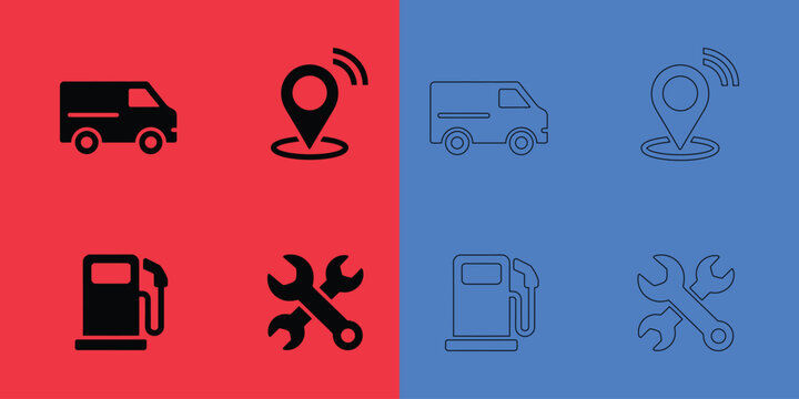 Transportation and logistics set featuring delivery vans, location pins, gas pumps, and wrench tools in two styles
