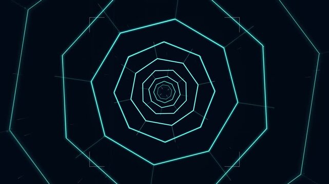 Glowing Blue Neon Octagonal Tunnel Moving Through Abstract Space