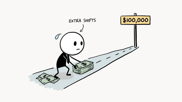 Stick figure working extra shifts for money. Concept of financial goals and hard work.