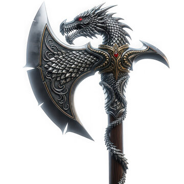 Intricate dragon head battle axe fantasy weapon isolated on transparent background