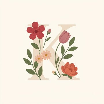 Letter K with floral botanical design. Decorative alphabet letter with spring flowers.