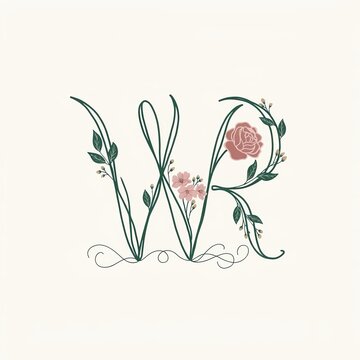 Floral letter WR monogram. Botanical alphabet design with roses and green leaves.