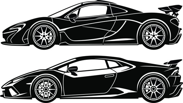 High Performance Sports Car Side View Silhouette Set with Modern Supercar Design Isolated on White Background
