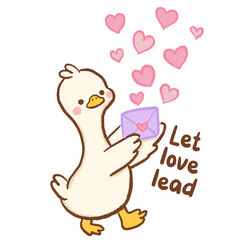 Fototapeta premium Cute Kawaii Long Neck Goose Holding Love Letter with Floating Hearts Let Love Lead Sweet Self Care and Kindness Pastel Illustration