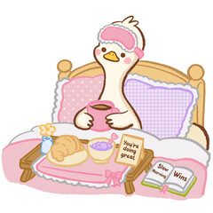 Fototapeta premium Cute Kawaii Long Neck Goose Enjoying Breakfast in Bed with Coffee Croissant Jam and Cozy Self Care Morning Routine Pastel Comfort Clipart