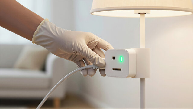 Close-up of a hand in a white glove plugging a cord into a smart plug adapter. This minimalist scene highlights modern energy efficiency and home automation technology