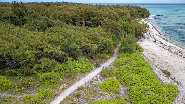 Aerial high angle shot of the sandbar beach, turquoise lagoon channel, and anchored boats at Ile aux Cerfs, Mauritius