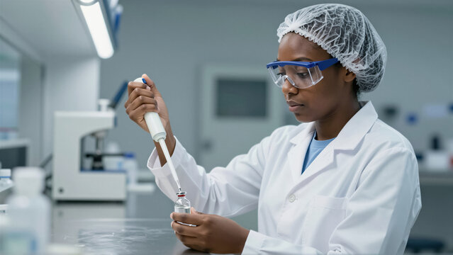 A focused African American scientist performs a precise experiment in a modern laboratory. She uses a pipette and vial for critical medical research, representing innovation in healthcare