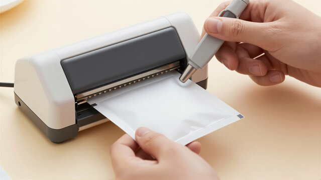 Detailed shot of a hand sealing a blank white sachet with a compact heat sealer. Perfect for showcasing product packaging, DIY solutions, or commercial branding on a minimalist beige back