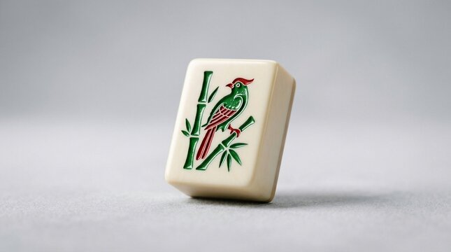 Single mahjong tile with bird and bamboo design on white background