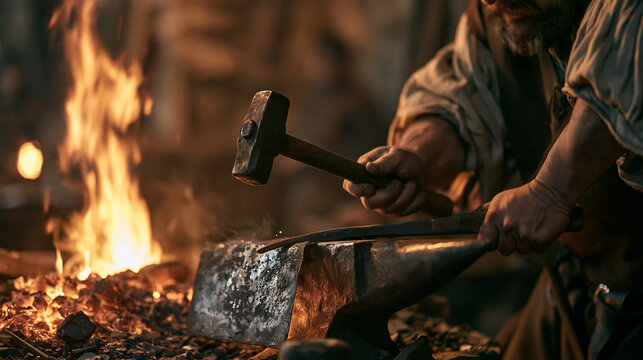 Blacksmith working at forge with hammer and anvil in workshop, sparks and smoke, traditional metalwork tools and heated steel