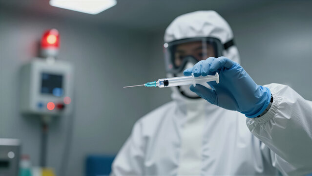Scientist in a protective hazmat suit holding a syringe in a laboratory. A researcher prepares a vaccine for virus prevention in a clinical sterile environment