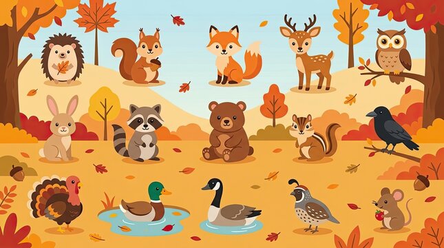 Group of cute woodland animals in an autumn forest landscape cartoon style illustration with thanksgiving woodland wildlife illustration seasonal squirrel hedgehog chipmunk