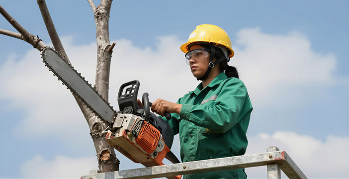 Female arborist in green uniform uses a chainsaw to prune a tree from a lift. She wears a yellow hard hat and protective eyewear