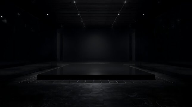 Dark empty fashion runway stage with spotlights overhead in a theater.