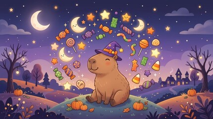 Fototapeta premium Capybara wearing witch hat surrounded by floating stars, moons, and candy in whimsical landscape
