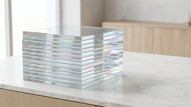 Stack of transparent glass panes with iridescent reflections on a surface